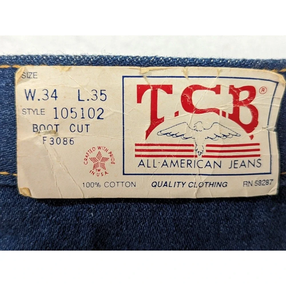 TCB All American Jeans Mens Size 34x35 Bootcut Vintage Usa Cotton Blue Paper Tag